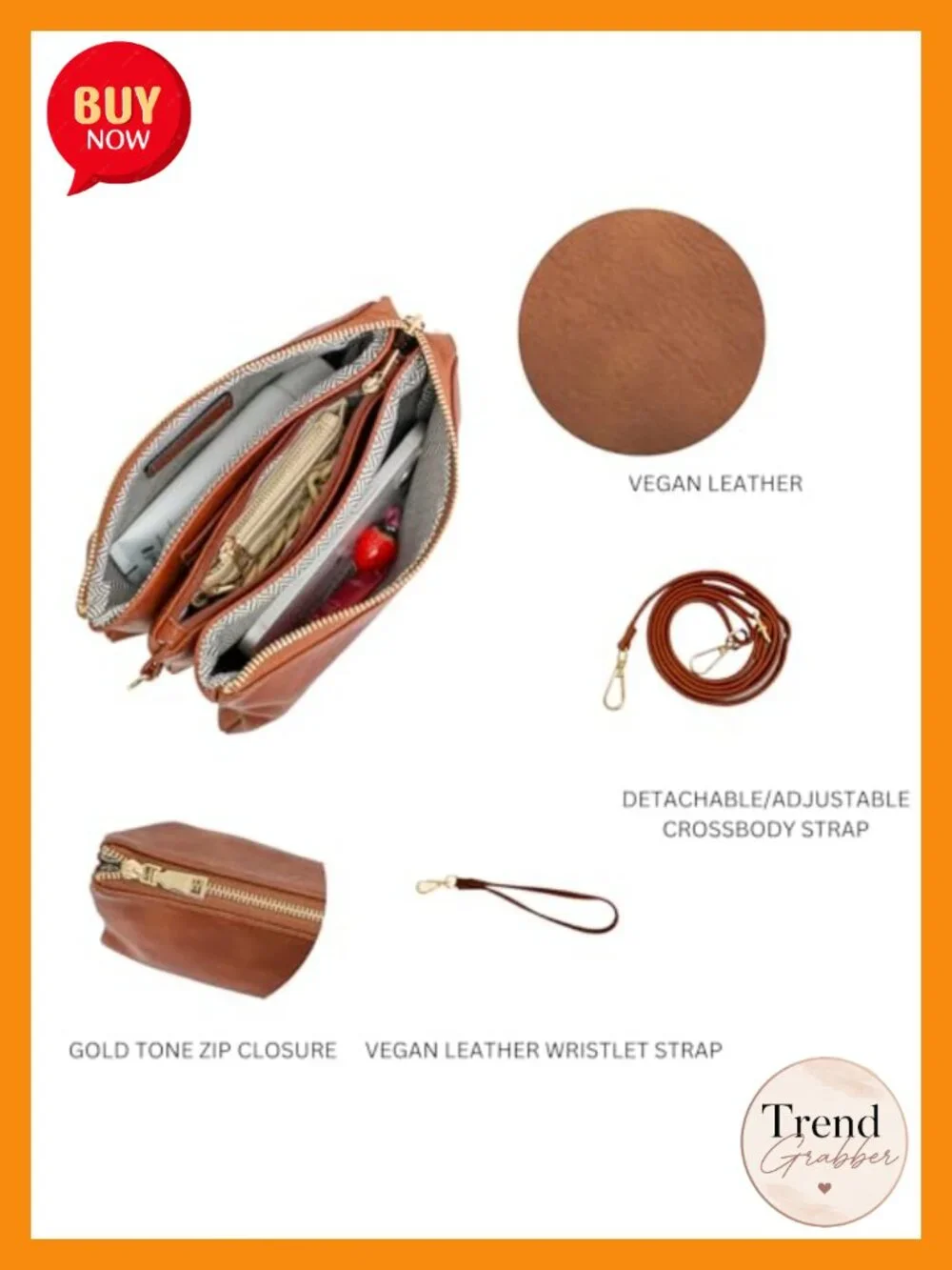 Vegan Leather Crossbody Bag with 2 Straps Clutch Wristlet Purse